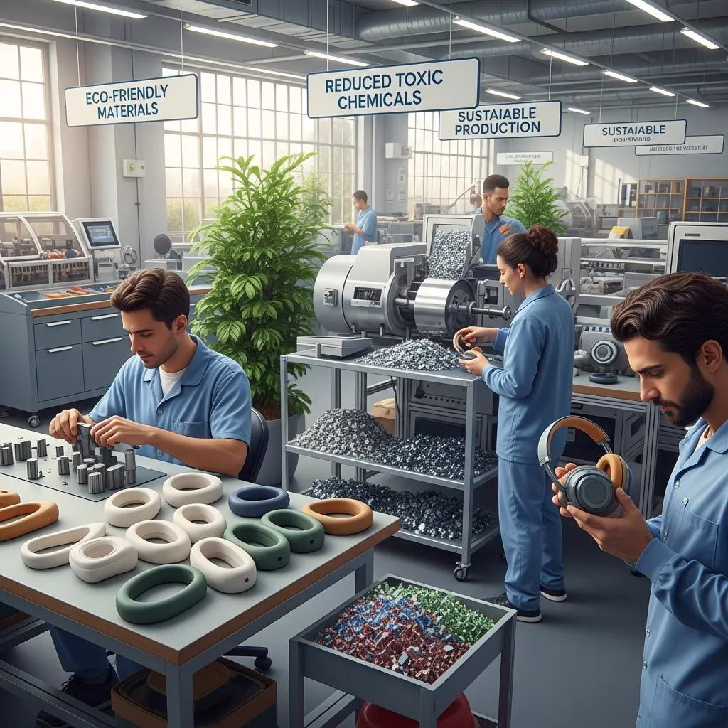 Sustainable manufacturing of headphones using eco-friendly materials, highlighting reduced toxic chemicals