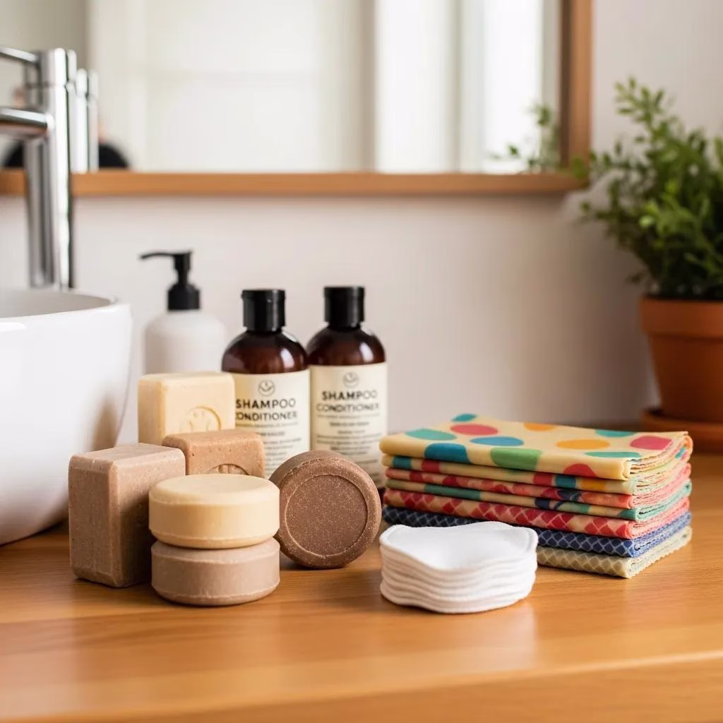 Sustainable personal care products including shampoo bars and beeswax wraps on a bathroom countertop