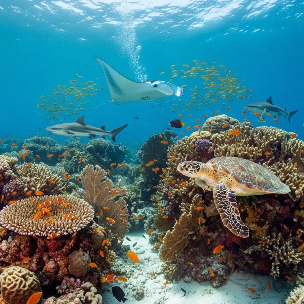 Thriving coral reef in a marine protected area, highlighting the importance of conservation for marine biodiversity