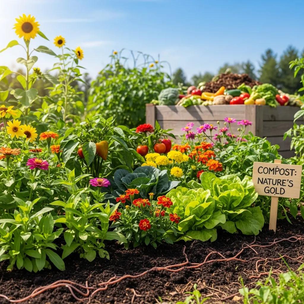Thriving garden showcasing the benefits of composting with healthy plants and rich soil