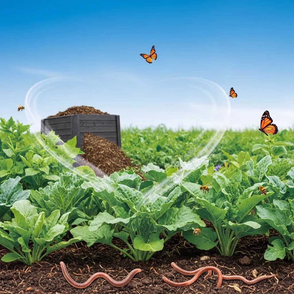 Thriving garden with healthy plants and a compost bin, illustrating the benefits of composting
