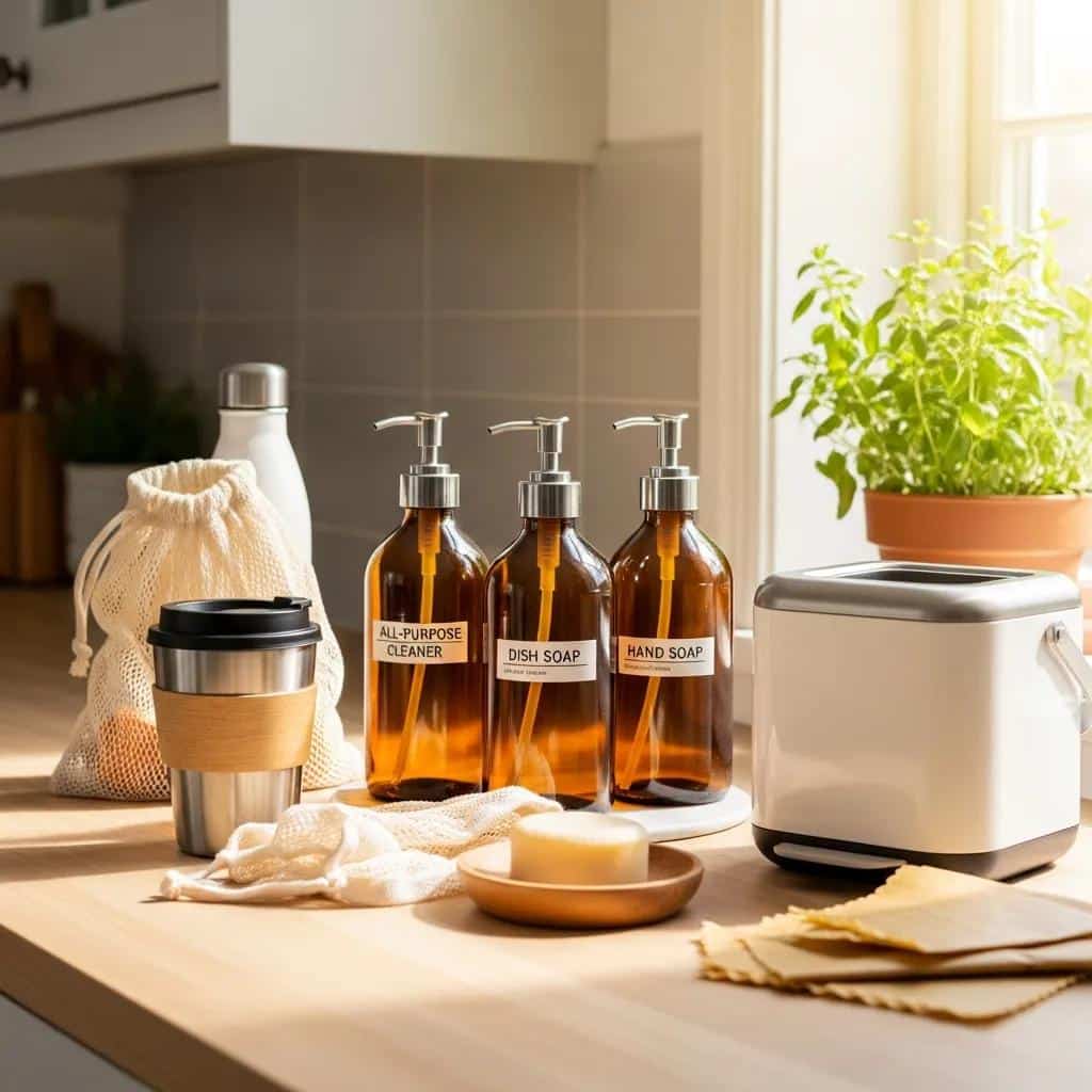 Top zero waste products including reusable coffee cups and compost bins, illustrating sustainable living choices