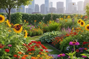 Urban garden with diverse plants and pollinators enhancing local biodiversity
