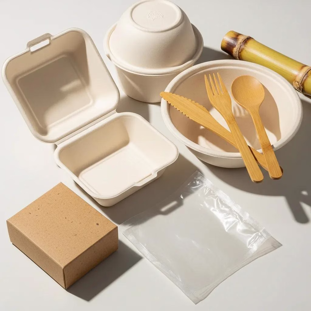 Variety of sustainable packaging materials like cornstarch, sugarcane, and bamboo arranged on a light background, emphasizing eco-friendliness