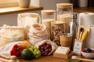 Variety of zero waste products including reusable bags and glass containers on a kitchen table