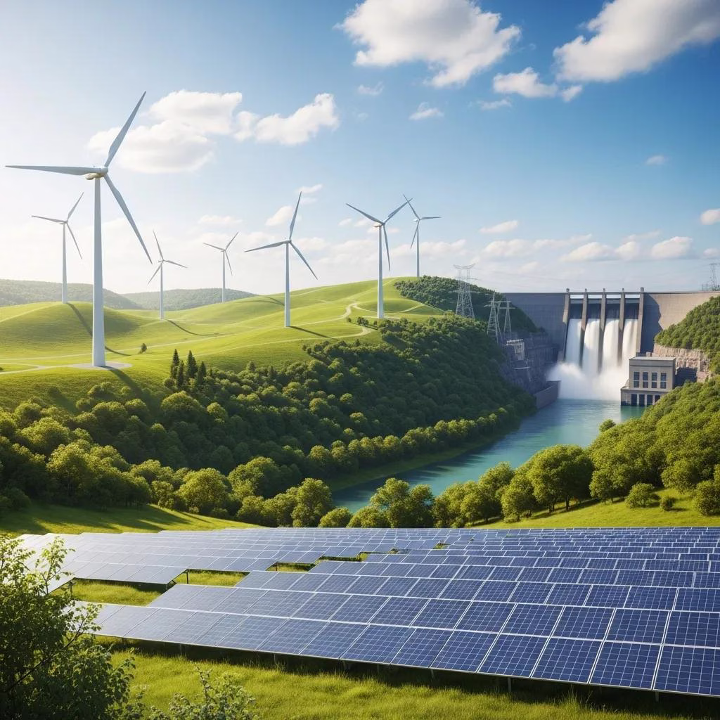 Various renewable energy sources including solar panels, wind turbines, and hydroelectric dams in a natural landscape