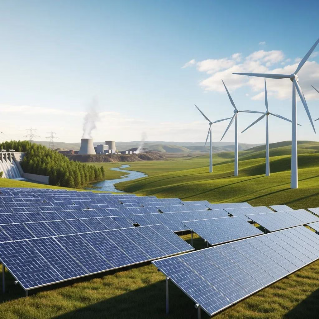 Various renewable energy technologies including solar panels and wind turbines in a scenic landscape