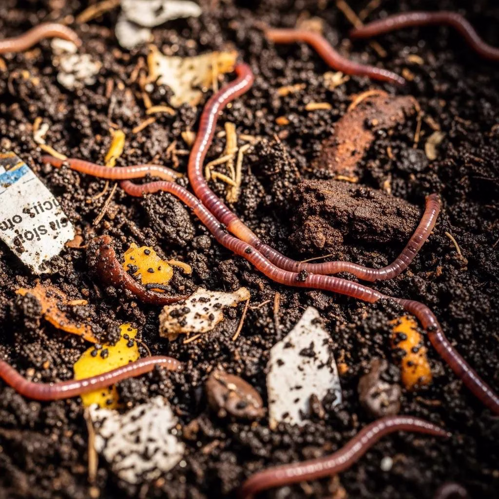 Vermicomposting bin with red wigglers and organic material