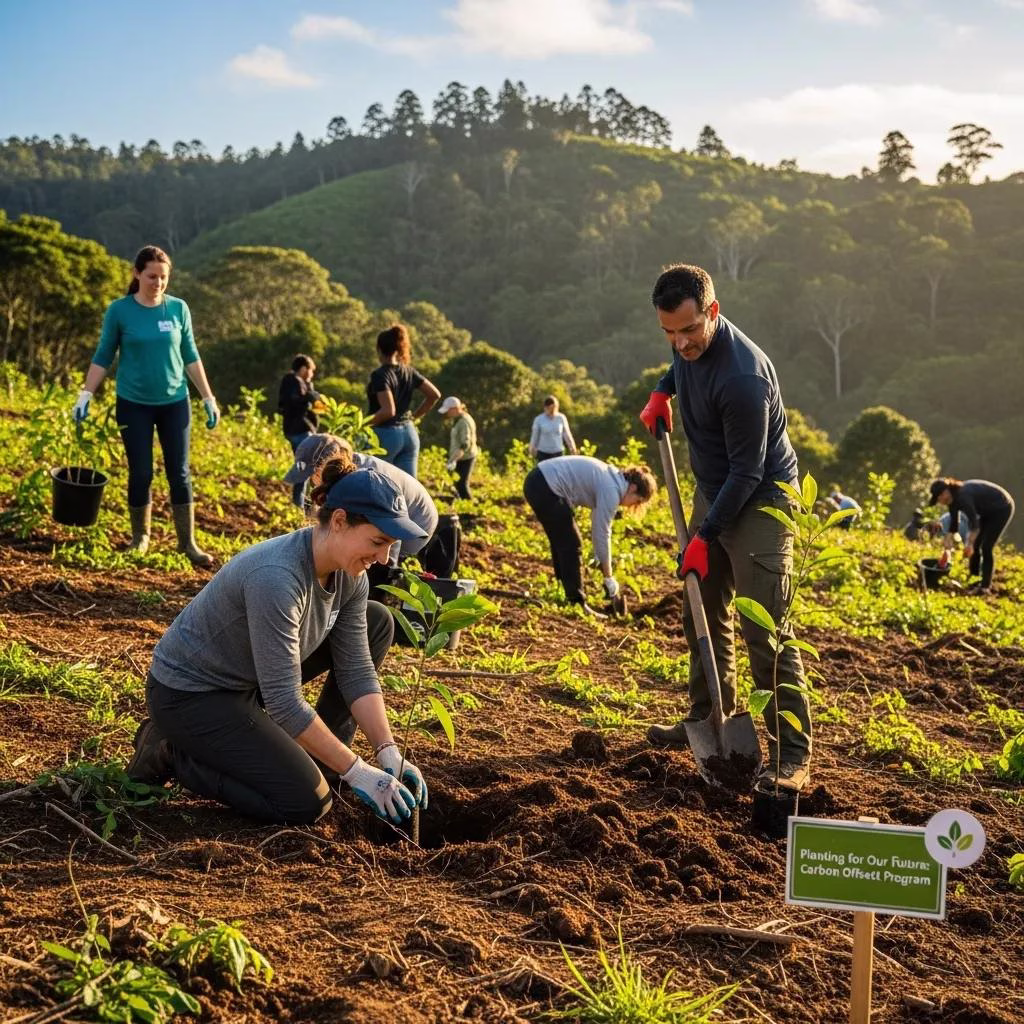 Volunteers planting trees in a reforestation project, illustrating community involvement in carbon offset programs