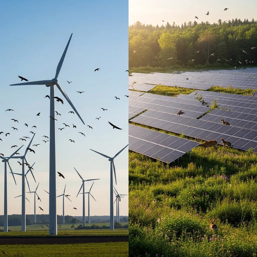Wind farm and solar panels showcasing their environmental impact and wildlife interactions