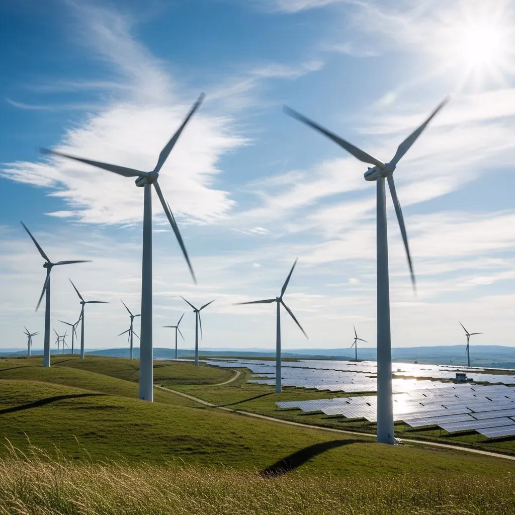 Wind turbines and solar panels representing renewable energy technologies in a scenic landscape