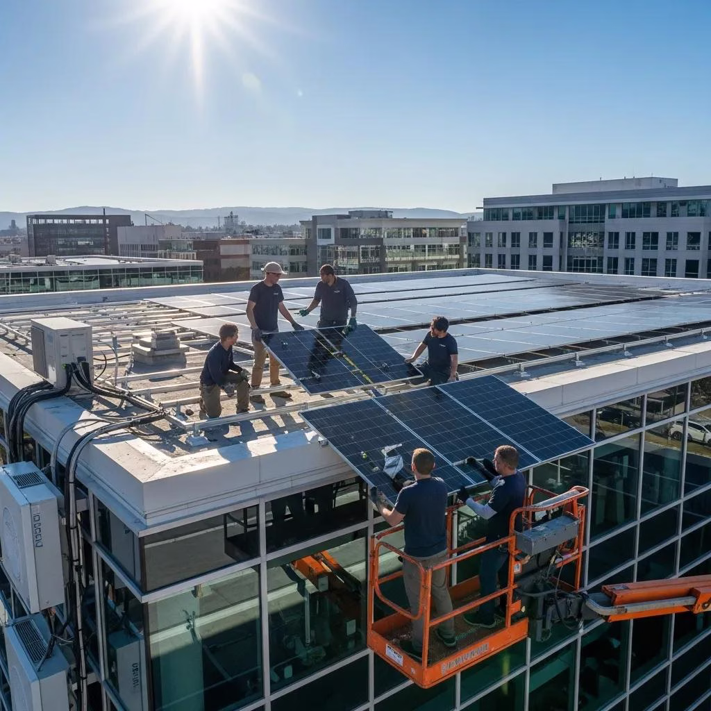 Workers installing solar panels on a commercial building, representing renewable energy adoption in business sustainability