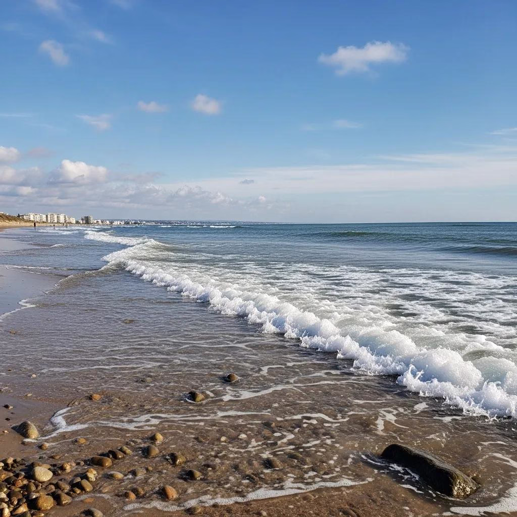 Coastal landscape illustrating the effects of rising sea levels with submerged beach and distant town