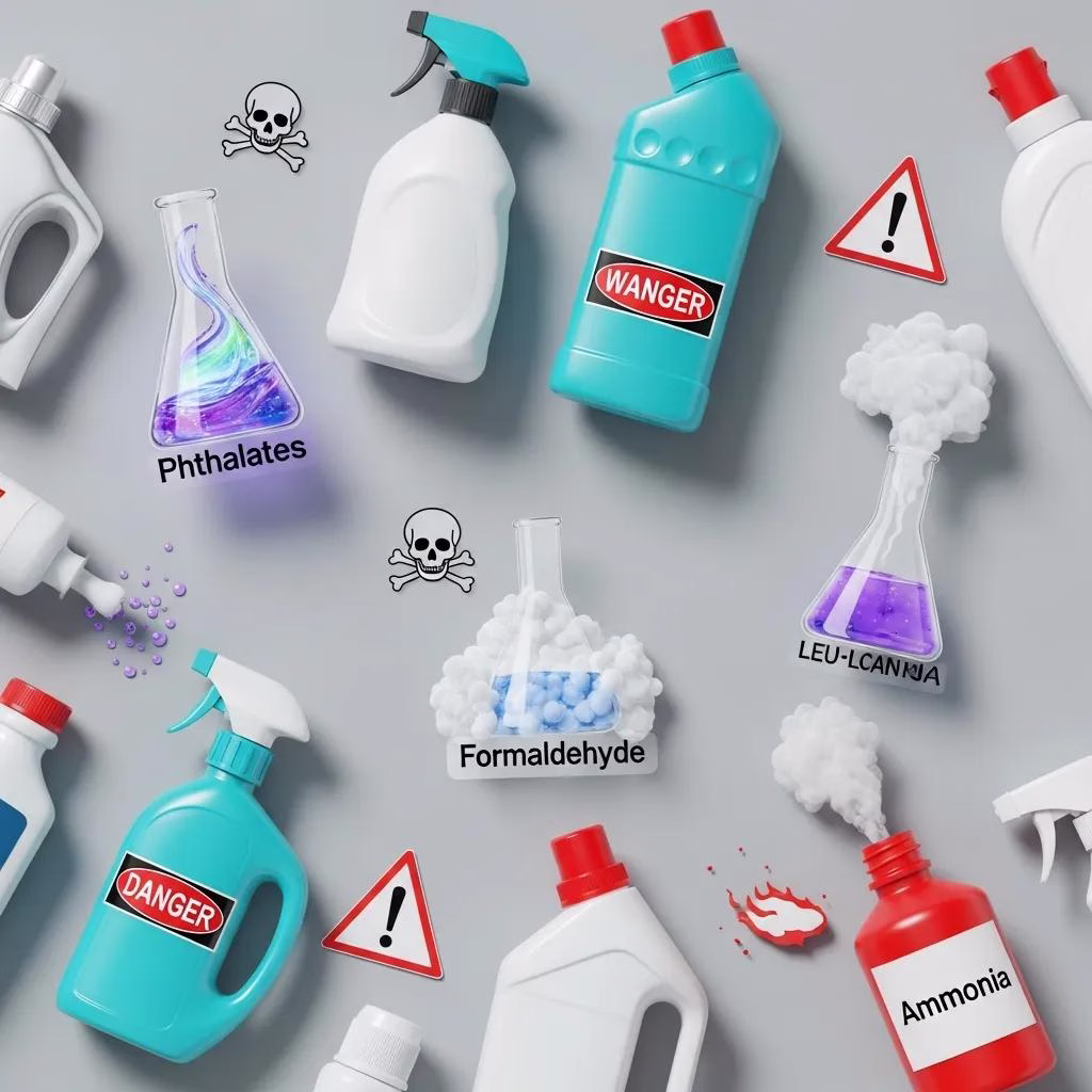 Cleaning products with warning symbols illustrating common toxic chemicals