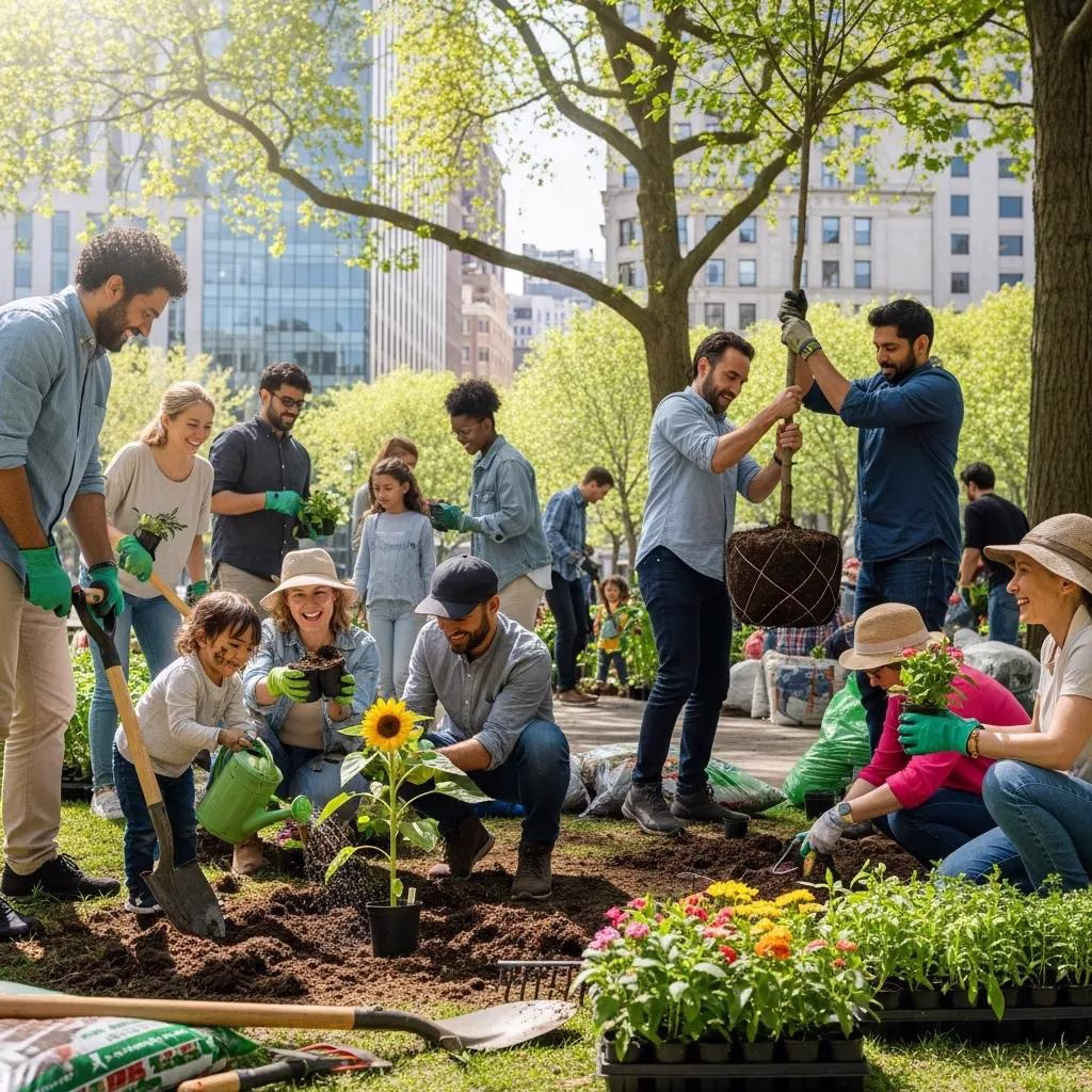 Residents working together in an urban community garden to support biodiversity