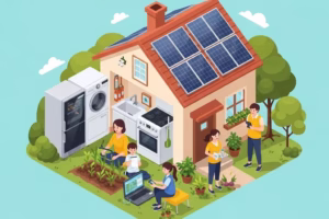 Cozy home with solar panels and energy-efficient appliances promoting sustainable living