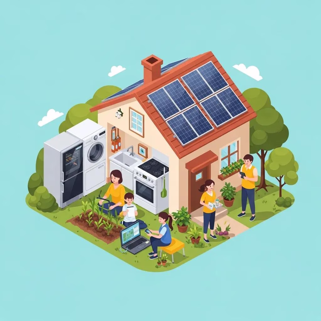 Cozy home with solar panels and energy-efficient appliances promoting sustainable living