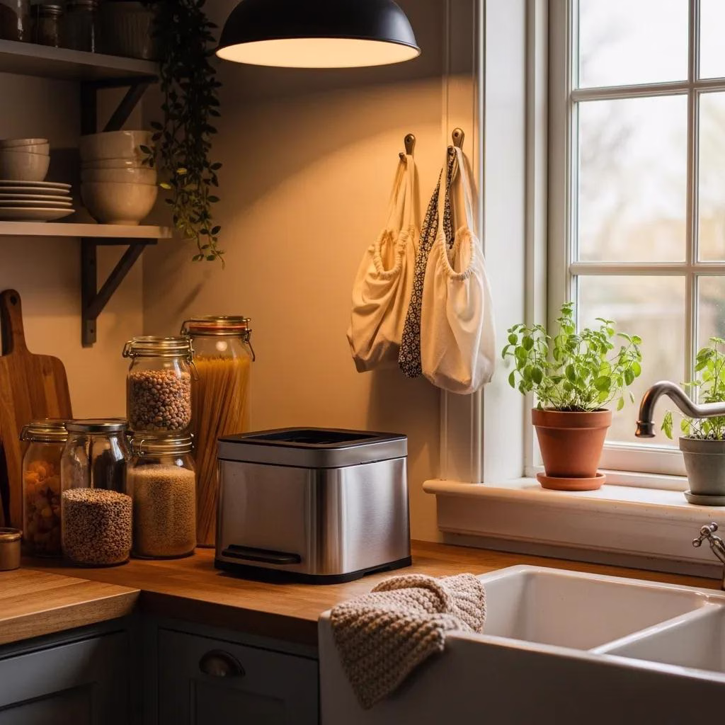 Kitchen with compost bin and glass storage containers showing simple waste-reduction tools