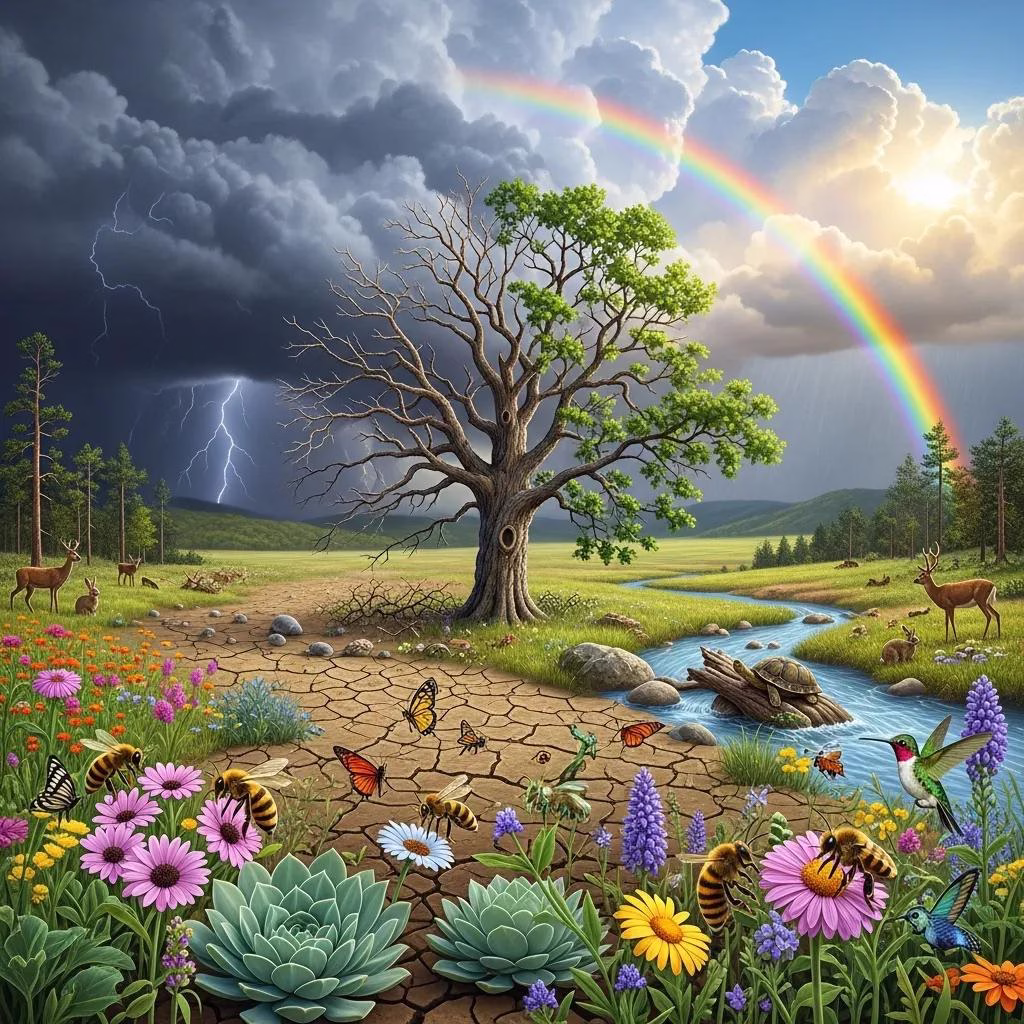 Forest and meadow affected by extreme weather, highlighting biodiversity impacts