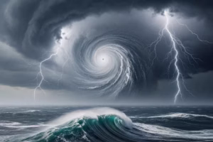 Dramatic hurricane scene illustrating the connection between extreme weather and climate change