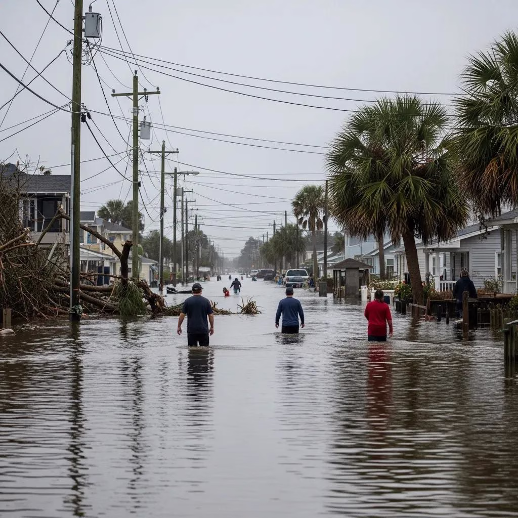 Flooded streets and homes illustrating impacts of coastal flooding on infrastructure and neighborhoods