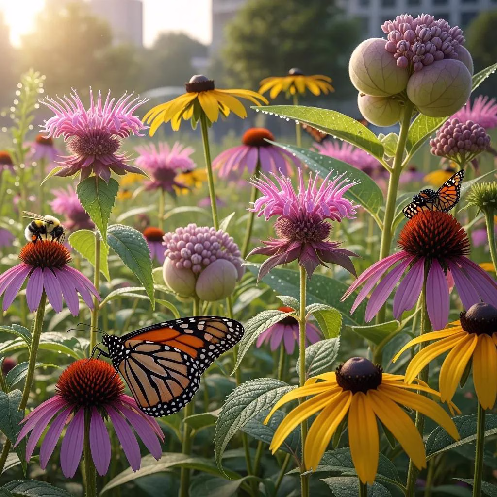 A vibrant patch of native plants attracting pollinators in an urban garden