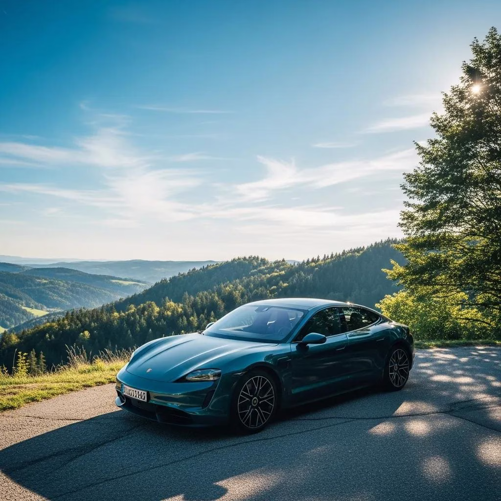 Modern electric vehicle in a scenic outdoor setting, emphasizing eco-friendliness and innovation