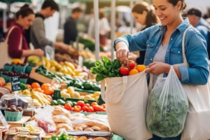 Person using reusable bags at a farmer's market, promoting a zero waste lifestyle