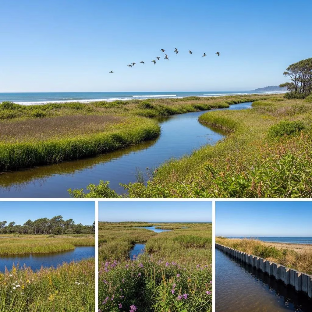 Restored wetlands and green infrastructure providing natural flood buffering along a coastline