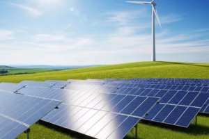 Solar panels and wind turbine in a sunny landscape representing renewable energy sources