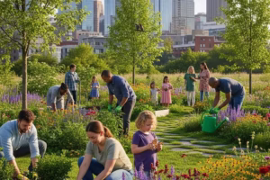Urban landscape with restored green space and community engagement in biodiversity efforts