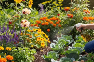 Vibrant garden with healthy plants and ladybugs, illustrating natural pest control methods