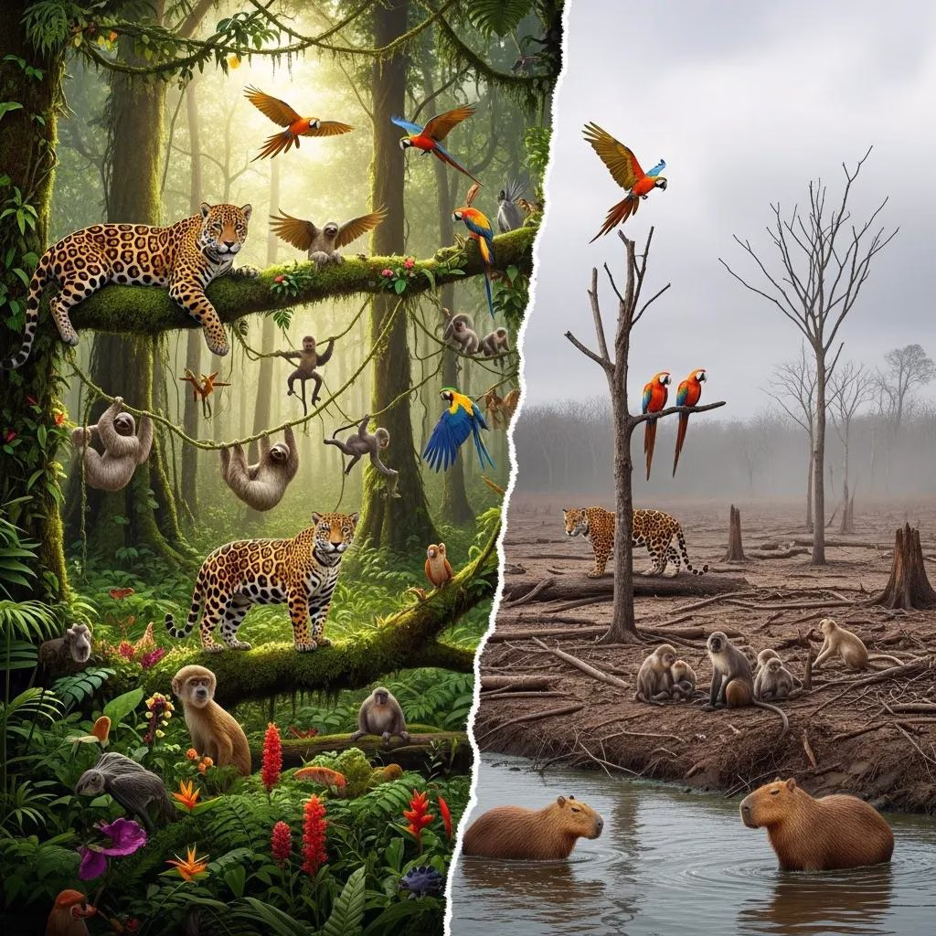 Contrast between intact ecosystems and deforested land showing habitat loss effects