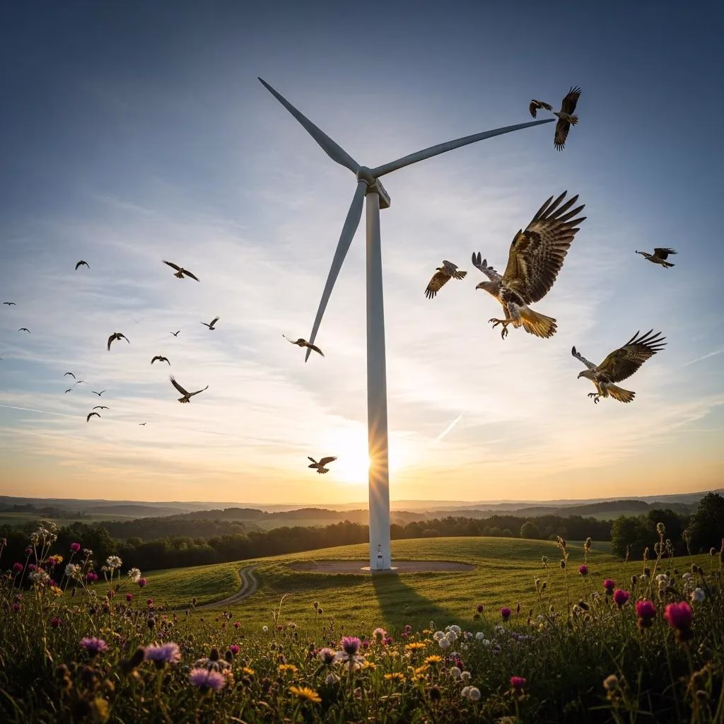 An onshore wind turbine in a rural landscape — highlighting wind energy trade-offs and wildlife concerns