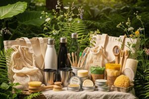 A collection of eco-friendly products including reusable bags and stainless steel water bottles, promoting sustainability