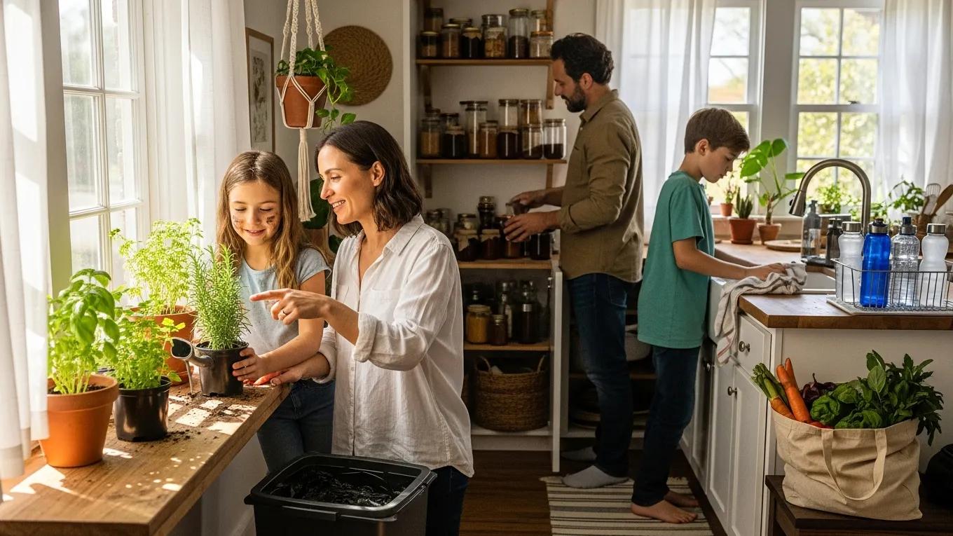 A family practicing sustainable living at home, highlighting commitment to environmental justice and eco-friendly habits