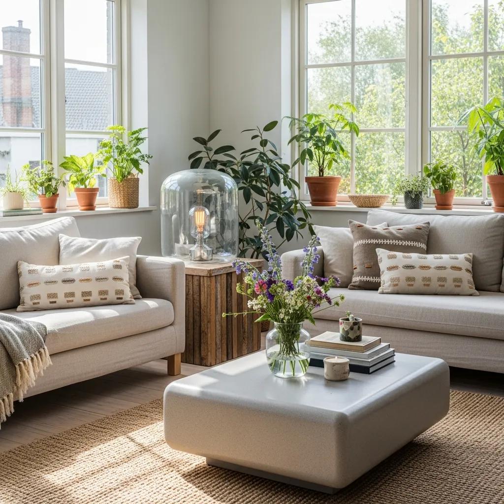 A modern eco-friendly home interior displaying sustainable products like recycled glassware and furniture