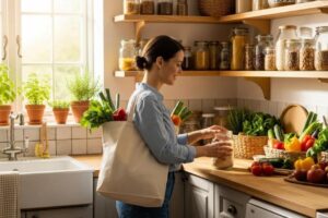 A person shopping for groceries with reusable bags and glass containers in a bright kitchen, promoting zero waste grocery shopping