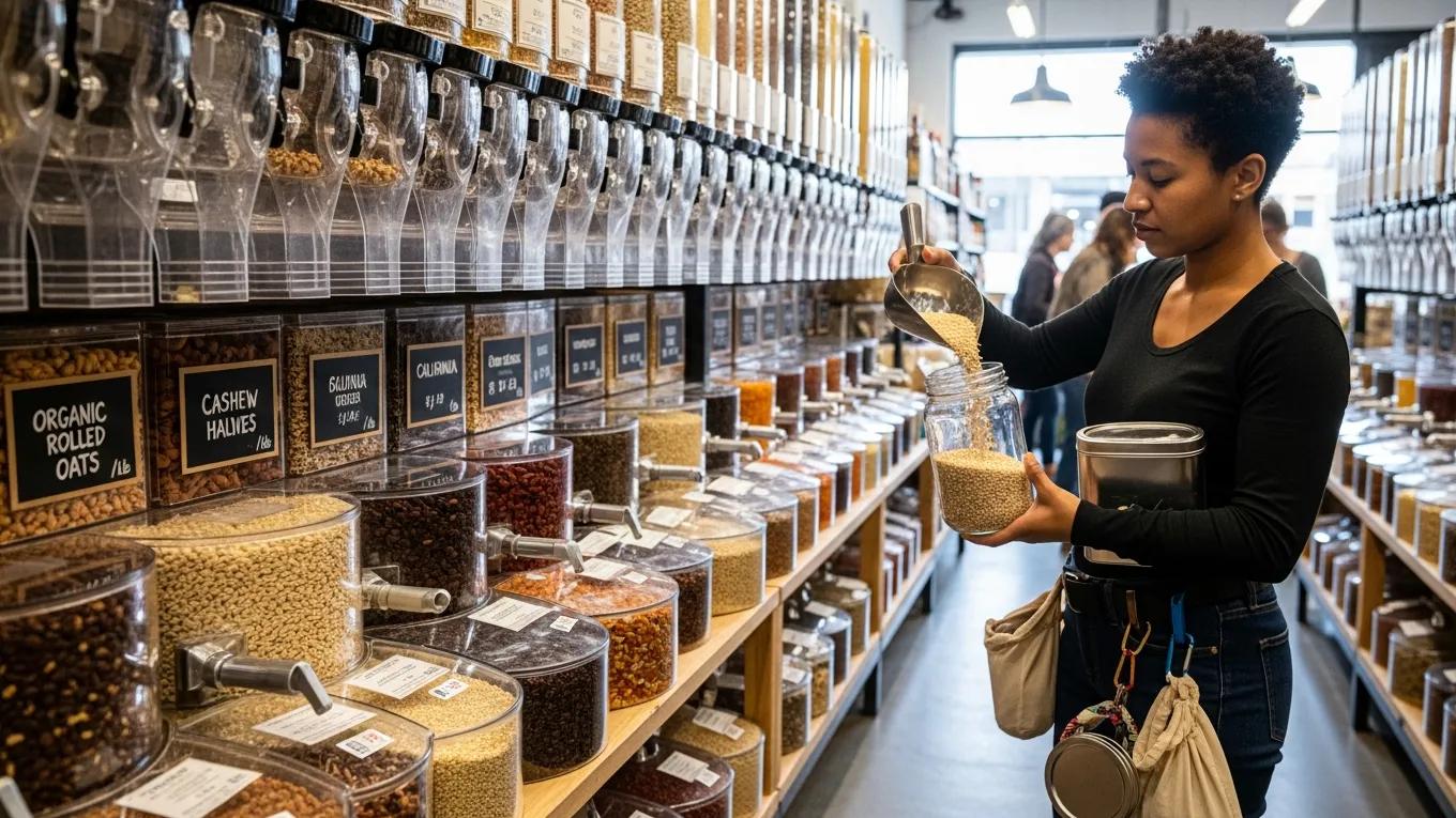 A shopper filling a reusable container with bulk food items in a colorful bulk food store aisle