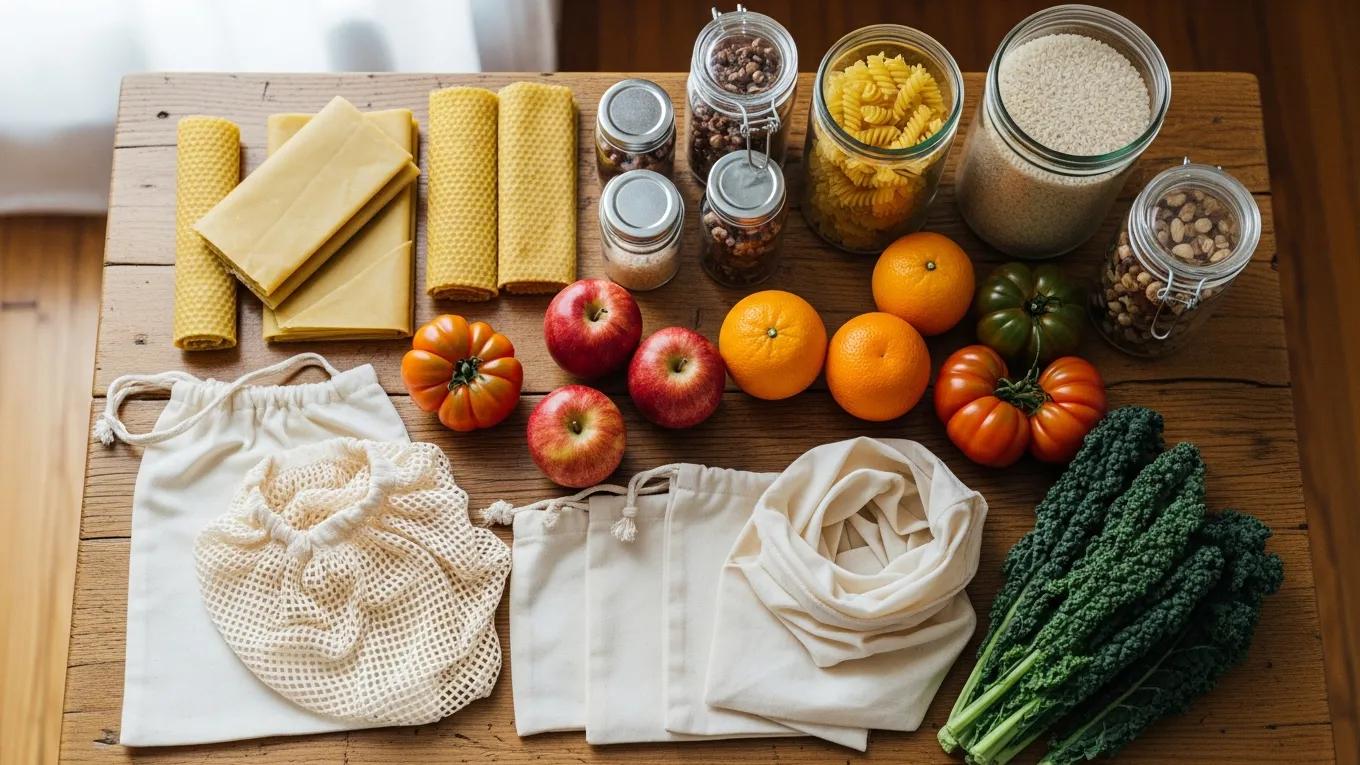 An array of eco-friendly grocery alternatives like beeswax wraps and glass containers on a wooden table, emphasizing plastic-free grocery shopping