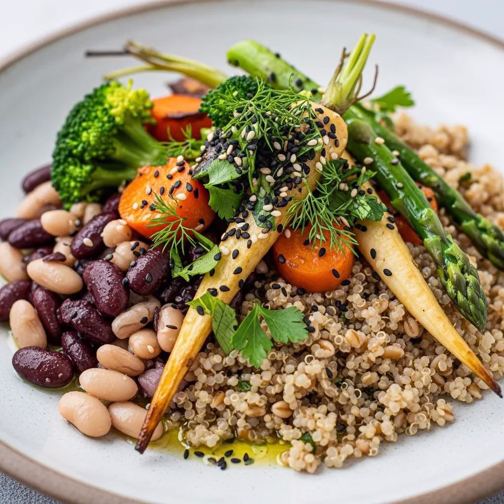 Colorful plant-based plate illustrating health benefits and balanced nutrition