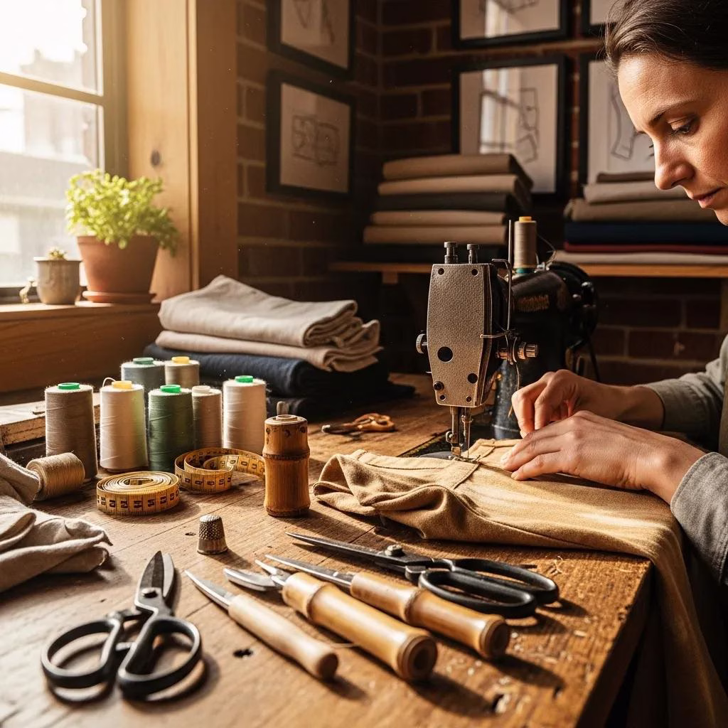 Artisan hand-stitching a garment in a workshop, illustrating slow-fashion craftsmanship