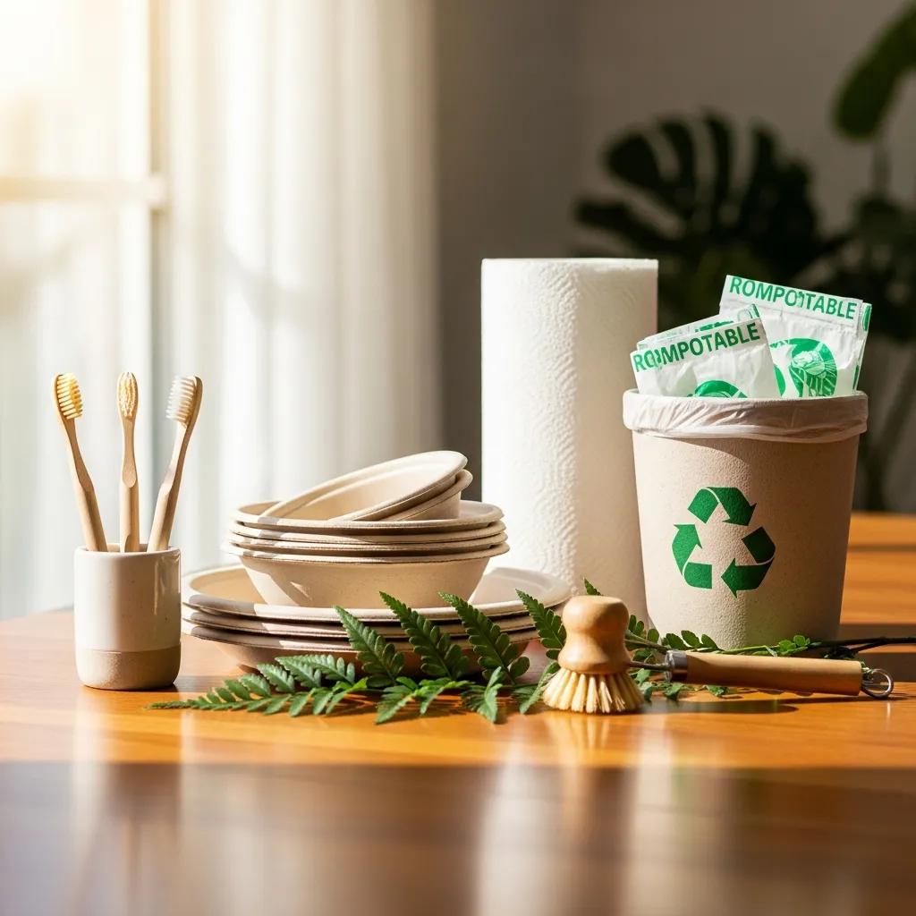 Biodegradable household items crafted from bamboo, cornstarch, and recycled paper to showcase sustainable materials