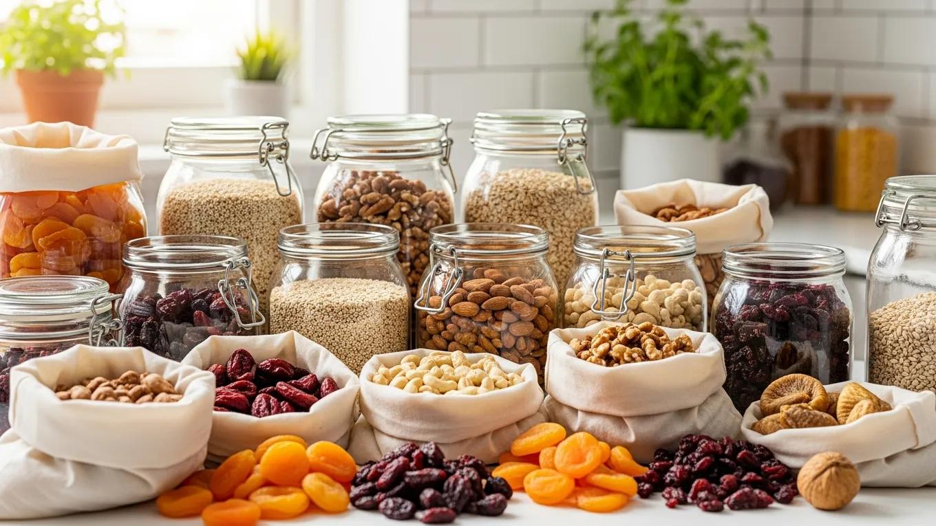 Bulk food items in glass jars and reusable bags on a kitchen counter promoting zero waste shopping