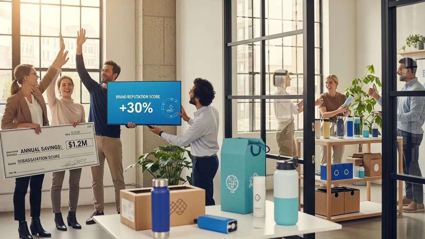 Business celebrating the benefits of circular economy policies with happy employees