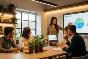 Business professionals discussing sustainable practices in a modern office with eco-friendly elements