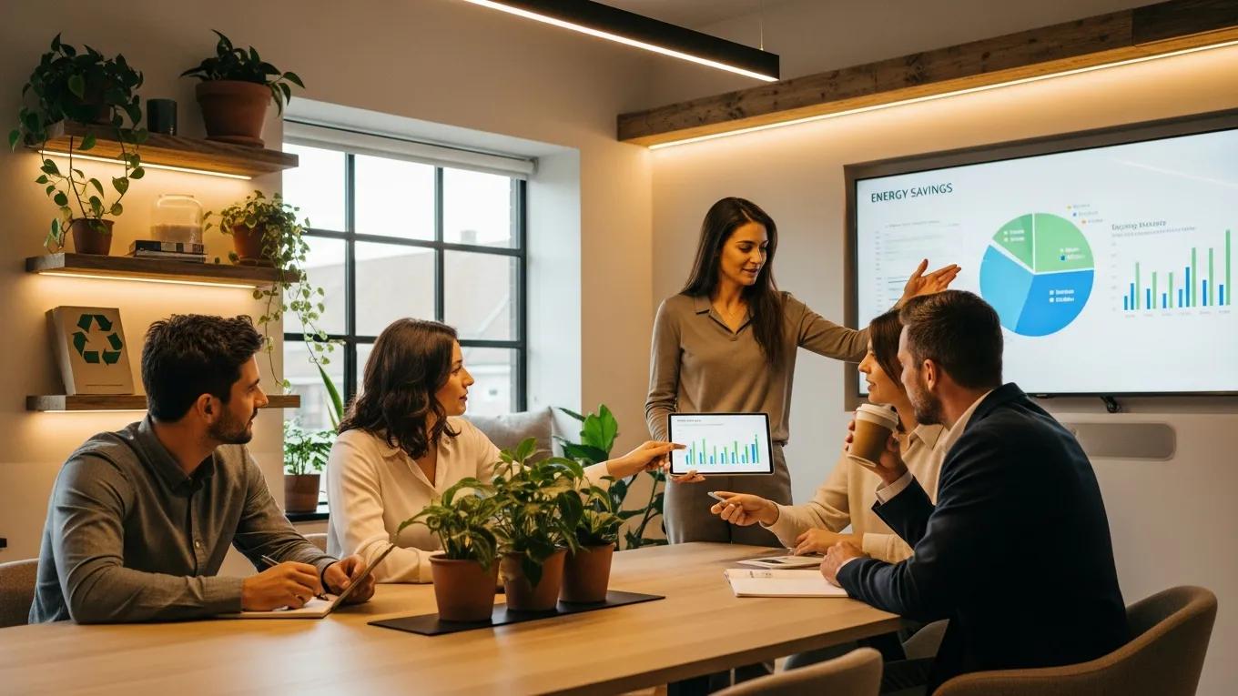 Business professionals discussing sustainable practices in a modern office with eco-friendly elements