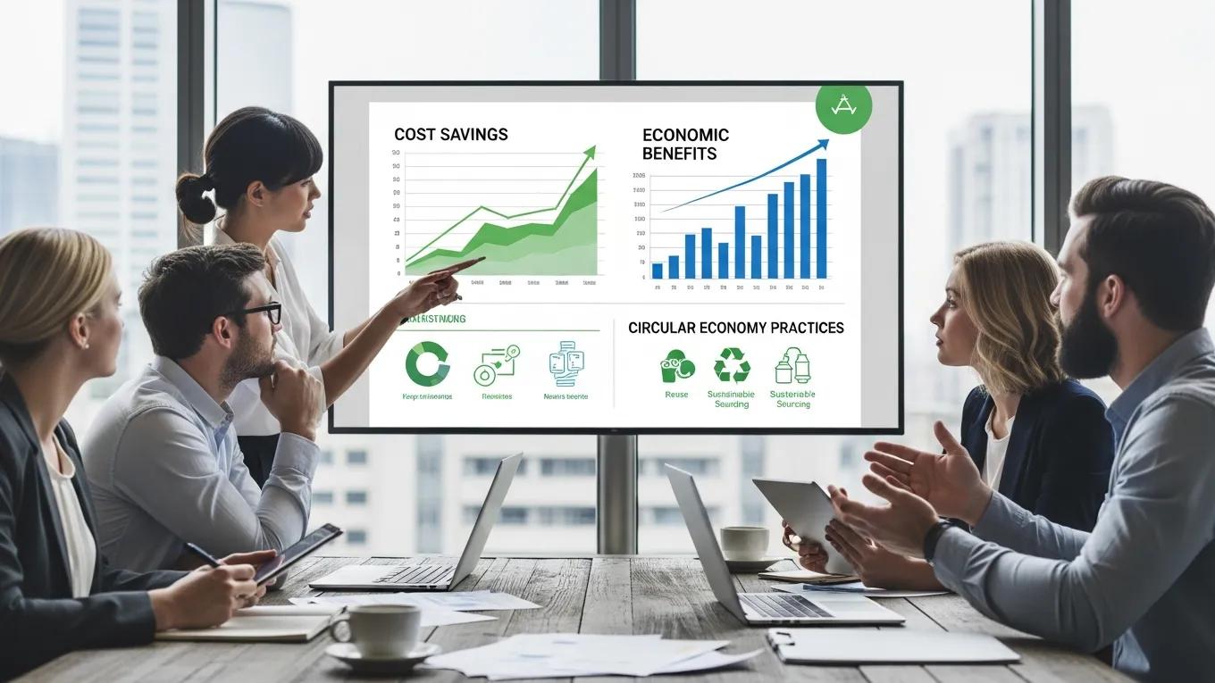 Business team discussing cost savings and economic benefits of circular economy
