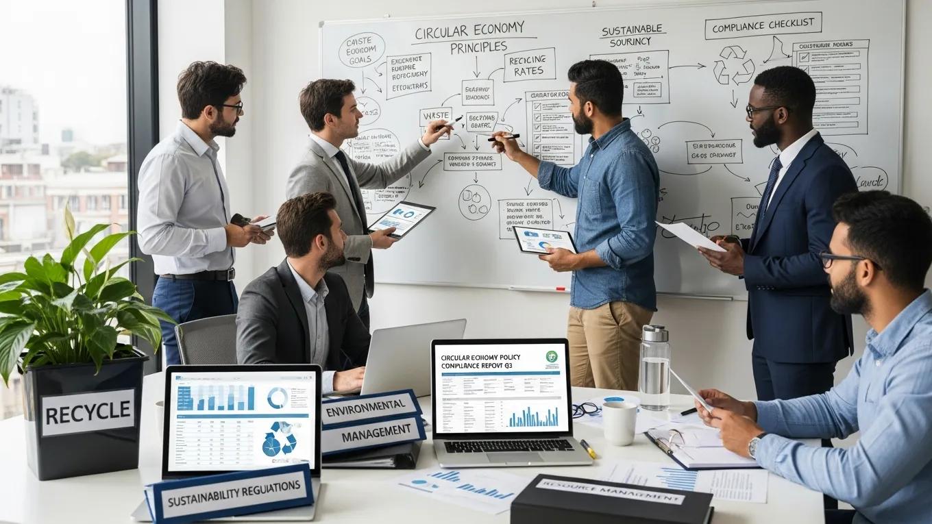 Business team reviewing compliance requirements for circular economy policies