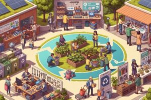Circular economy practices with people engaging in recycling and sustainability efforts